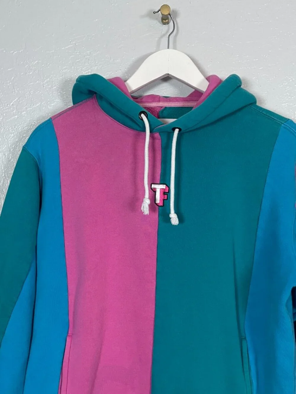 Teddy Fresh Men M Love Bubblegum Blue Pink Green Color Block Hoodie Sweatshirt - Picture 3 of 10